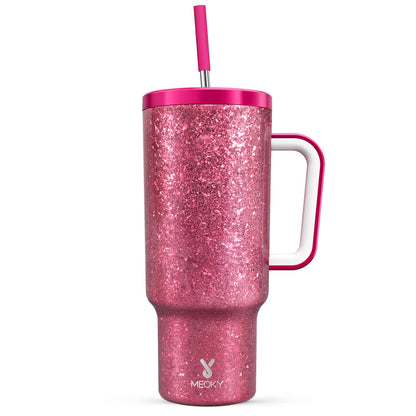 Meoky 40 oz Christmas Tumbler with Handle and Straw, Xmas Tumbler with Lid and Straw, Insulated Stainless Steel Travel Mug, Christmas Gifts for Women Men Adults (Jolly Reindeer)