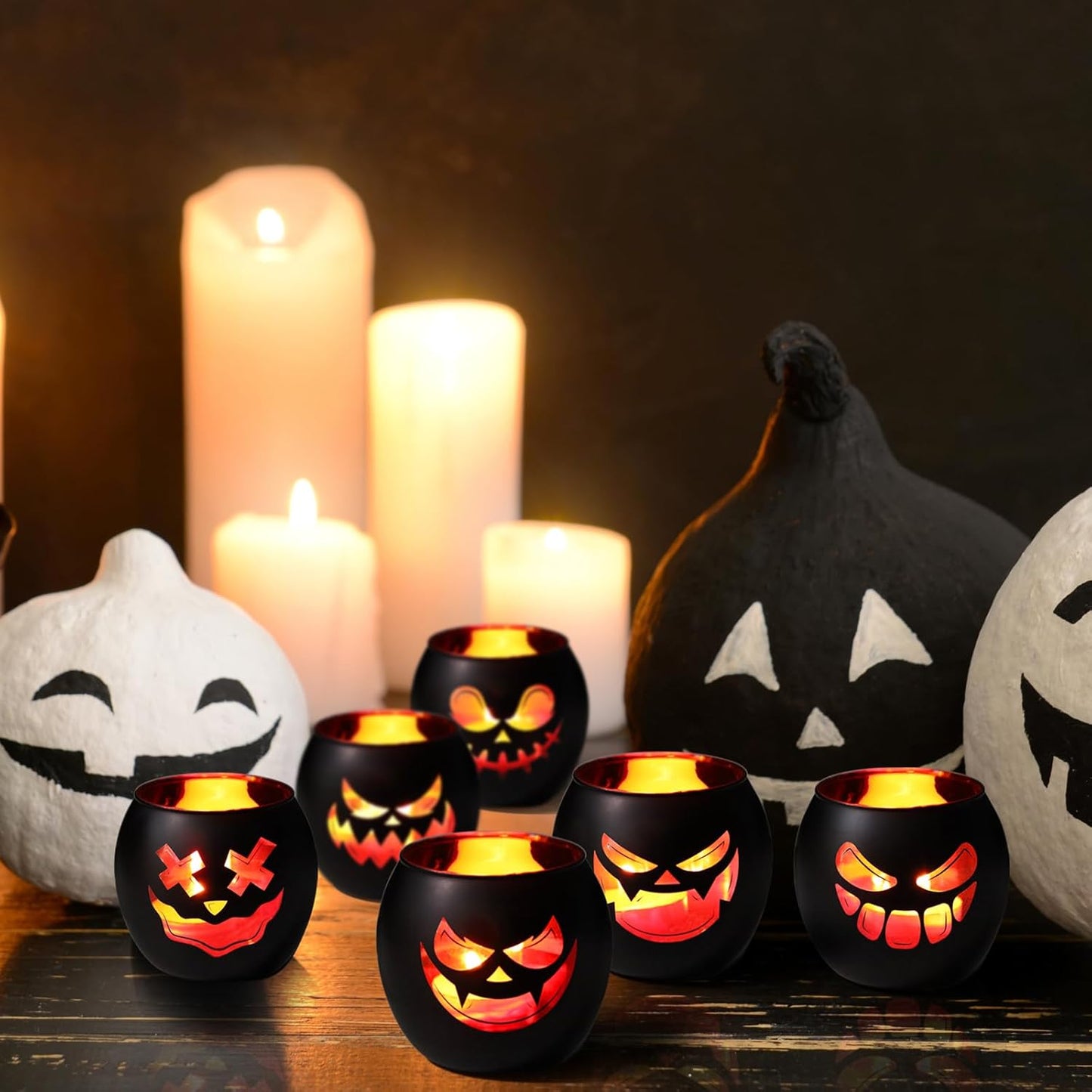 Black Halloween Table Centerpieces Candle Holders 12 PCS, Jack O Lantern Tealight Votive Candle Holders, Indoor Halloween Decorations for Mantel Coffe Table Decor