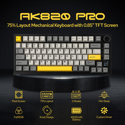 EPOMAKER Ajazz AK820 Pro 75% Wireless Mechanical Keyboard with TFT Smart Display&Knob, Gasket-Mounted Gaming Keyboard, Bluetooth/2.4GHz/USB-C Wired (Purple, Flying Fish Switch)