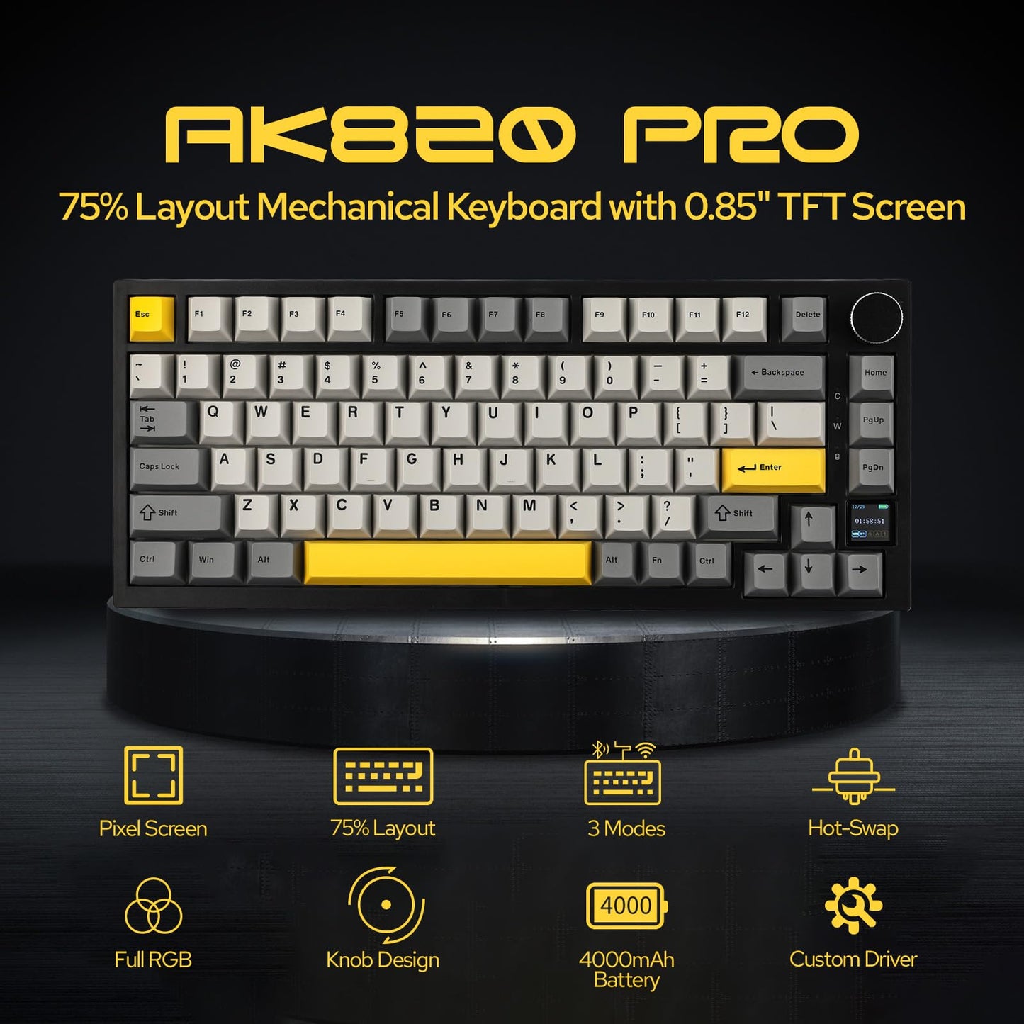 EPOMAKER Ajazz AK820 Pro 75% Wireless Mechanical Keyboard with TFT Smart Display&Knob, Gasket-Mounted Gaming Keyboard, Bluetooth/2.4GHz/USB-C Wired (Purple, Flying Fish Switch)