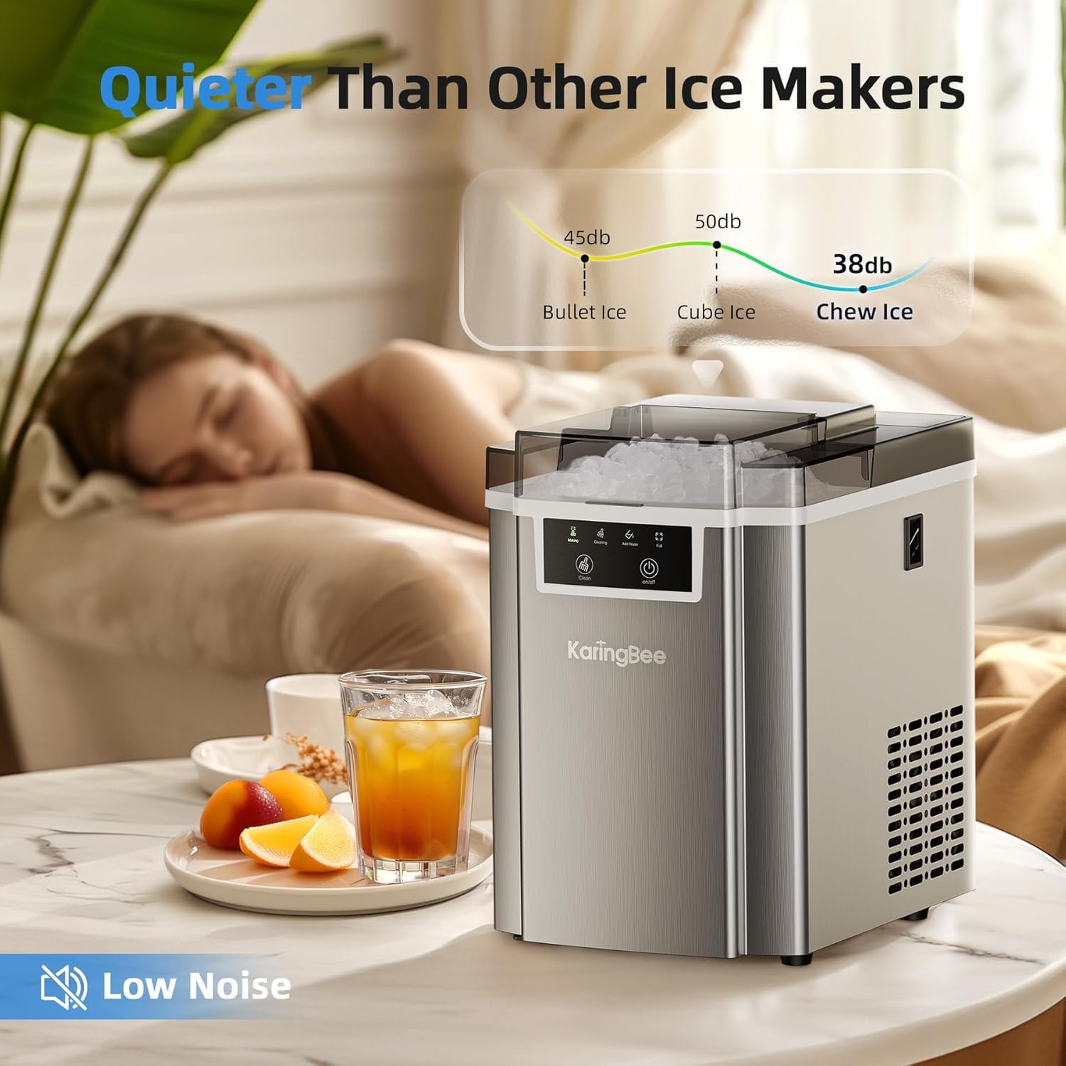 Nugget Ice Maker – 45lbs/Day Pebble Ice in 5 Mins, Chewable Sonic Ice Machine with Self-Cleaning, Quiet Stainless Steel Countertop Ice Maker for Home, Office, RV – 2025 Upgraded