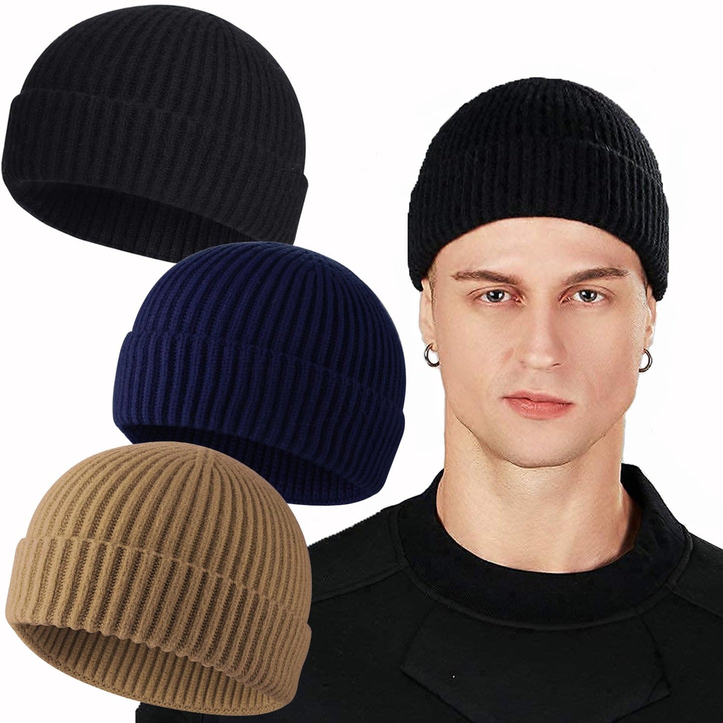 ROYBENS Swag Wool Knit Cuff Short Fisherman Beanie for Men Women, Winter Warm Hats
