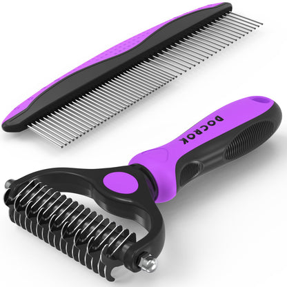Pet Grooming Combo - Blue Deshedding Brush with Metal Comb for Detangling and Dematting Long, Matted Fur on Cats and Dogs
