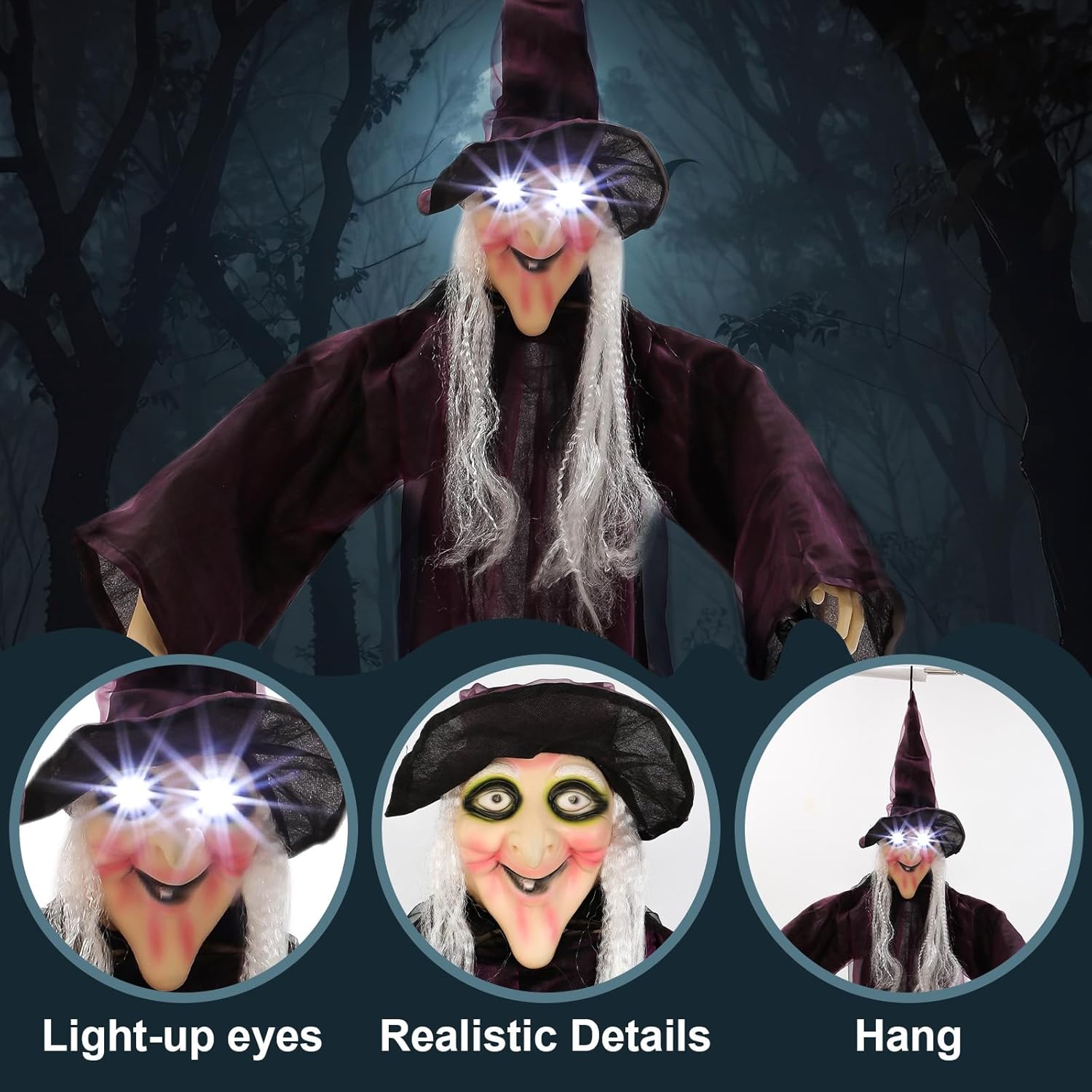 3 Pcs 71" Halloween Hanging Witch Decorations Set LED Large Outdoor Ghost with Cauldron, Sound Activated Talking Animated Prop with Broom, Tripod Outdoor Halloween Decor for Yard Lawn Garden