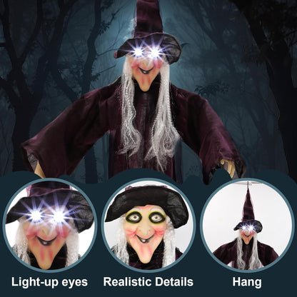 3 Pcs 71" Halloween Hanging Witch Decorations Set LED Large Outdoor Ghost with Cauldron, Sound Activated Talking Animated Prop with Broom, Tripod Outdoor Halloween Decor for Yard Lawn Garden