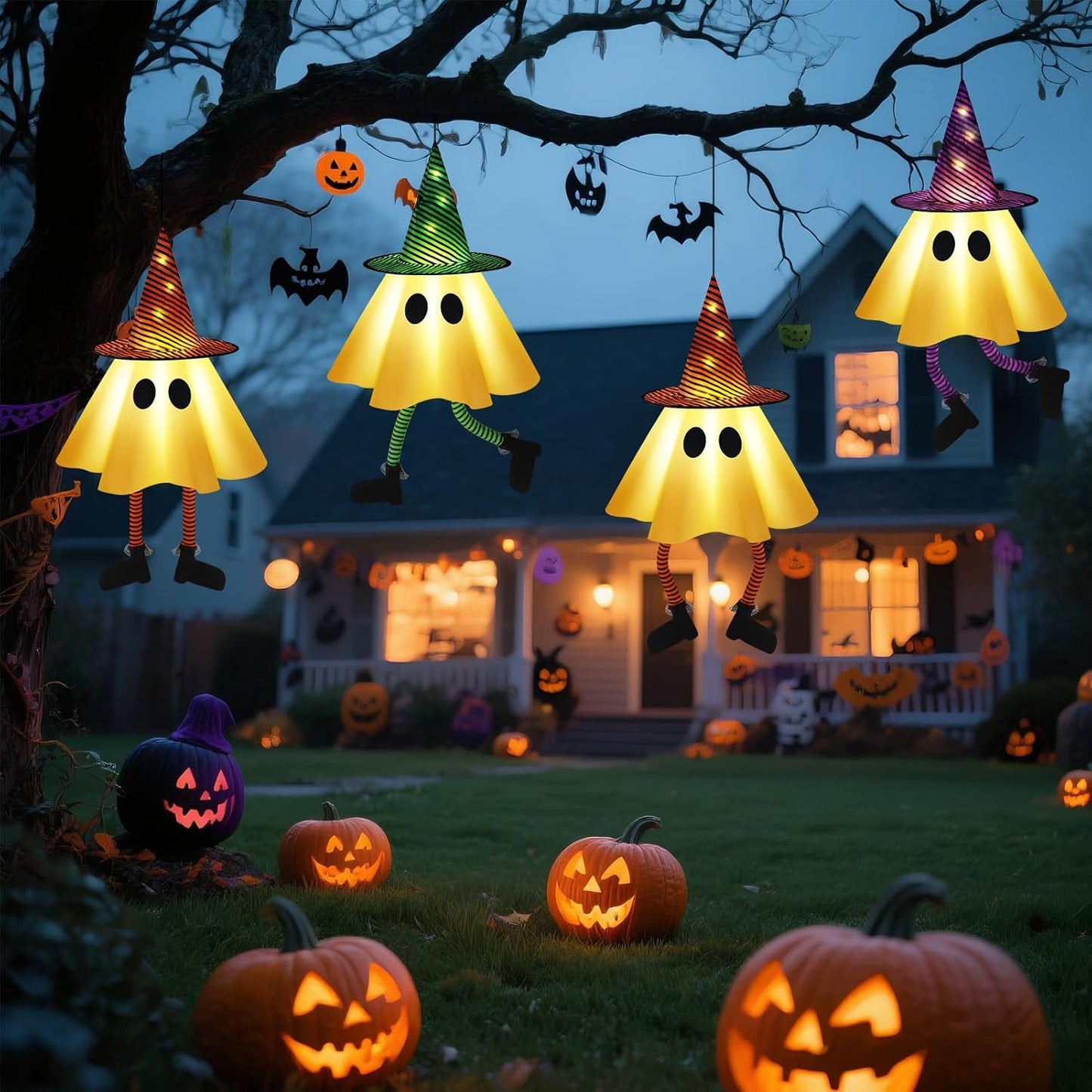 3 PCS Halloween Hanging Ghosts - Halloween Decorations Outdoor Hanging Ghosts with Witch Hats, Glowing Ghost Witch Hats Lights, Halloweens Ghosts Decor for Yard Door Patio Garden Tree Outside