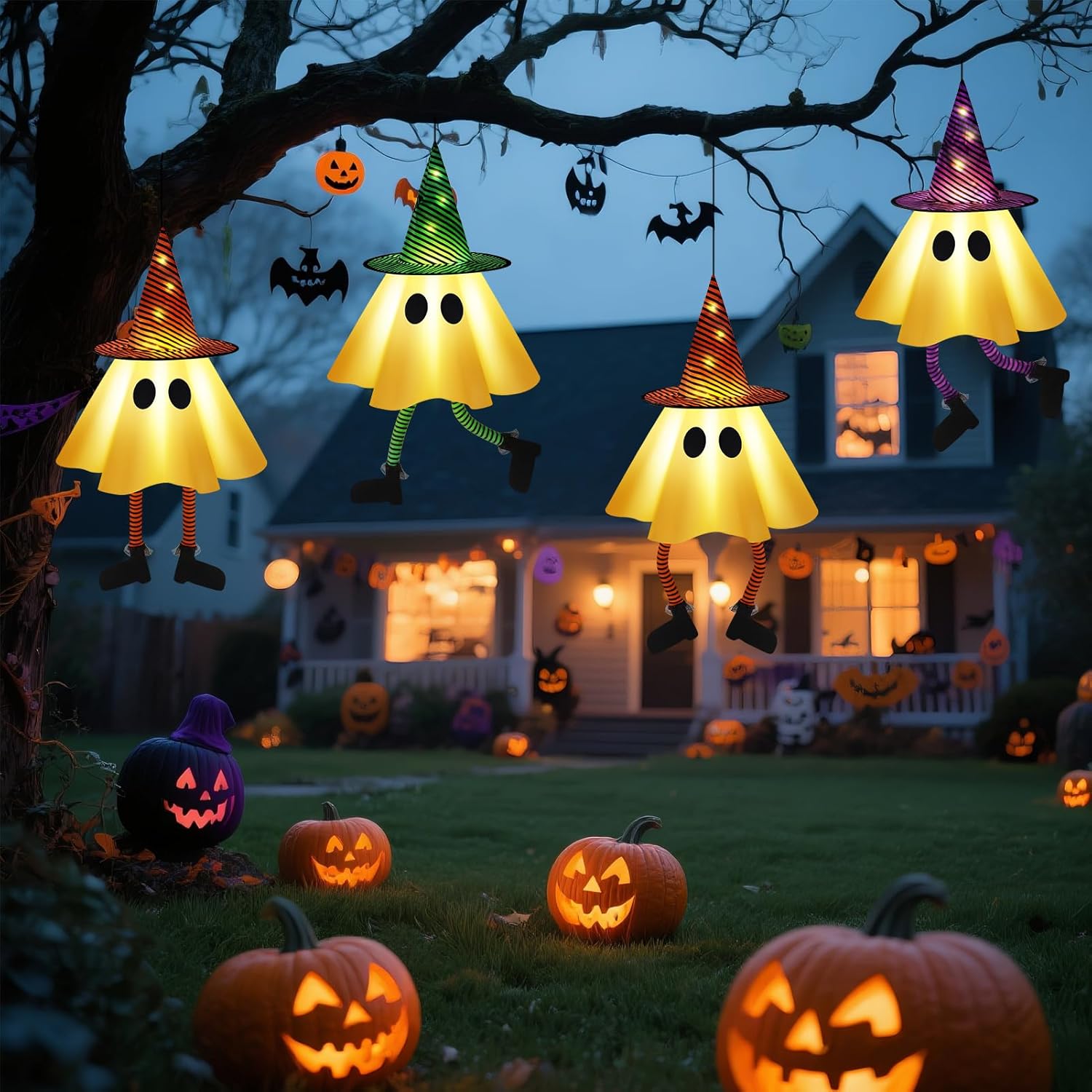 3 PCS Halloween Hanging Ghosts - Halloween Decorations Outdoor Hanging Ghosts with Witch Hats, Glowing Ghost Witch Hats Lights, Halloweens Ghosts Decor for Yard Door Patio Garden Tree Outside