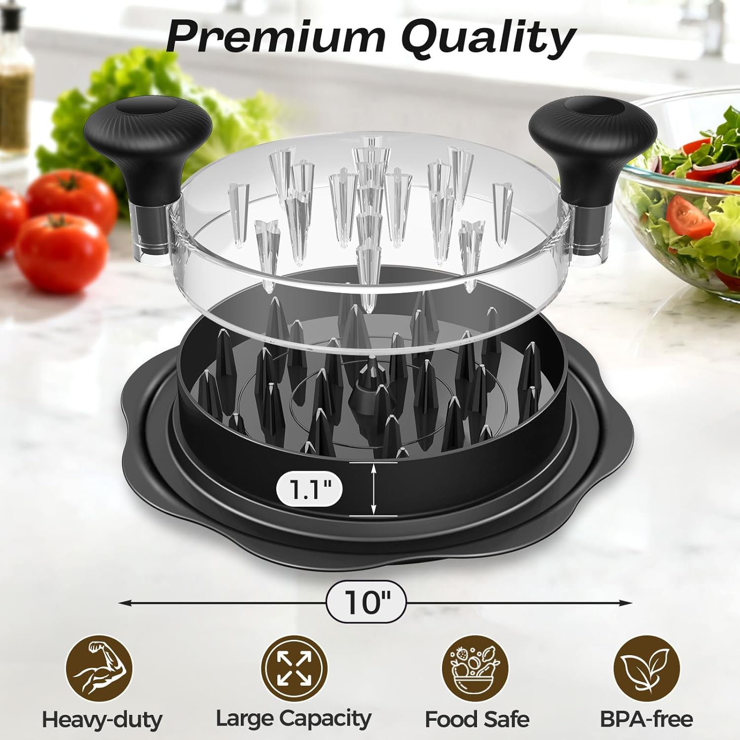 10" Pro Chicken Shredder Tool Twist Large for Kitchen, BPA-Free Food-Safe Meat Grinder, Visible Chicken Breast Meat Shredder with Strong Anti-Slip Bottom & Ergonomic Handle, Black