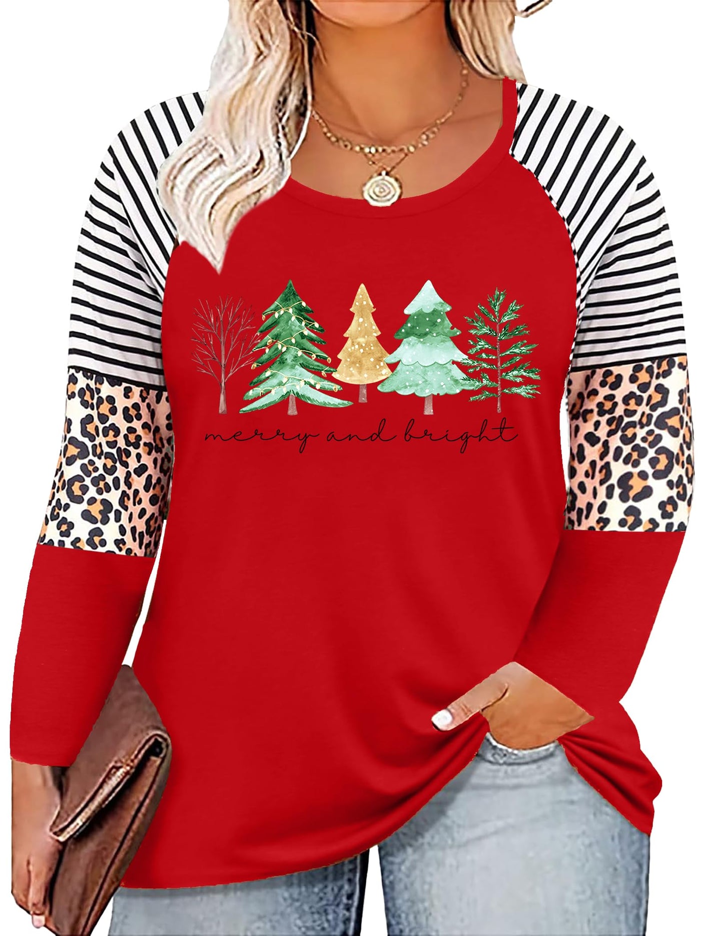 Plus Size Christmas T Shirt Women Xmas Leopard Plaid Trees Print Tees Casual Long Sleeve Holiday Shirts Top