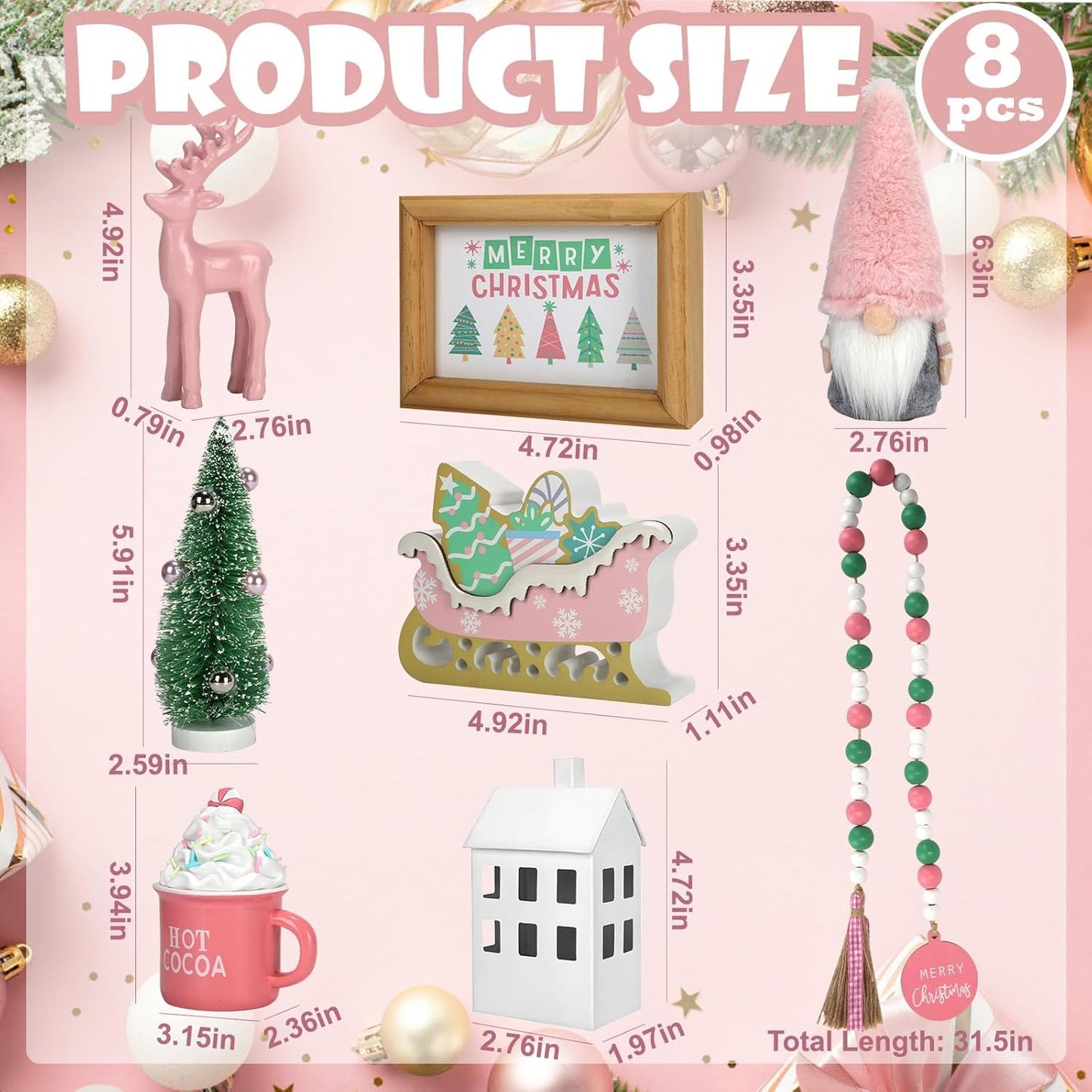 Pink Christmas Decorations 8 PCS Tiered Tray Decor Set, Cute Girlie Tabletop Christmas Decor for Home Shelf Mantel Fireplace Office Desk Coffee Bar Pastel Xmas Holiday Table Centerpieces Tray Objects