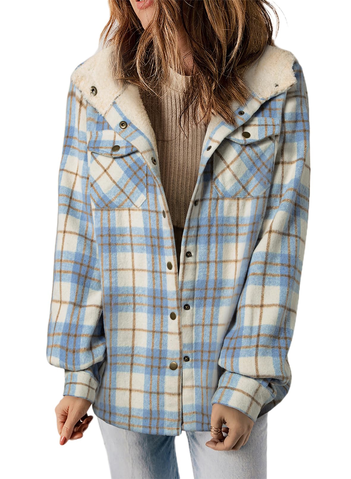 Dokotoo Womens Plaid Shacket Jacket Long Sleeve Button Down Fleece Hooded Jackets Warm Coat