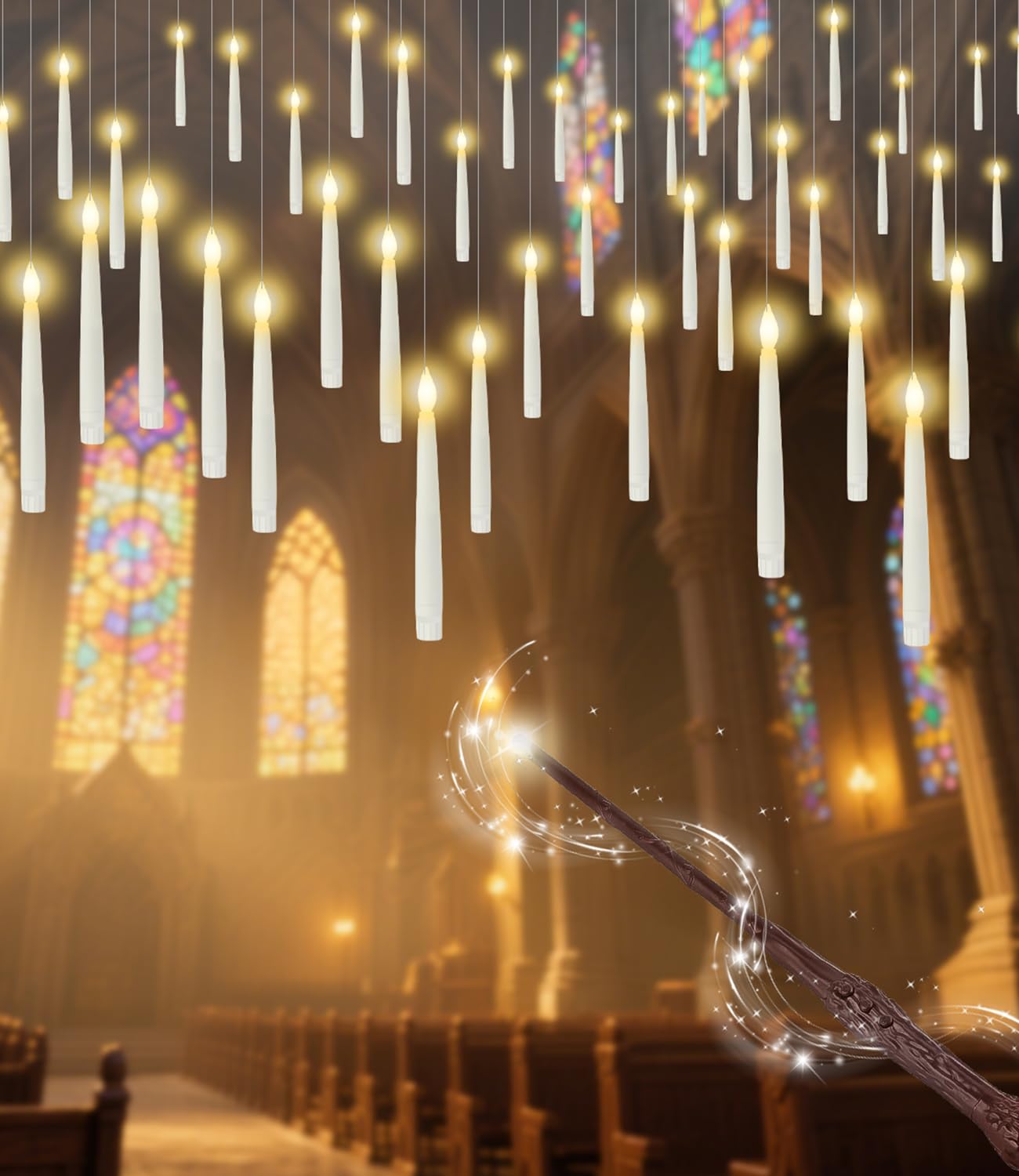 Halloween Decorations - 32pcs Floating Candles with Wand Magic Hanging Candles, Flameless Warm Light Flickering Battery Operated Candles, Floating LED Candle for Halloween Christmas Theme Party