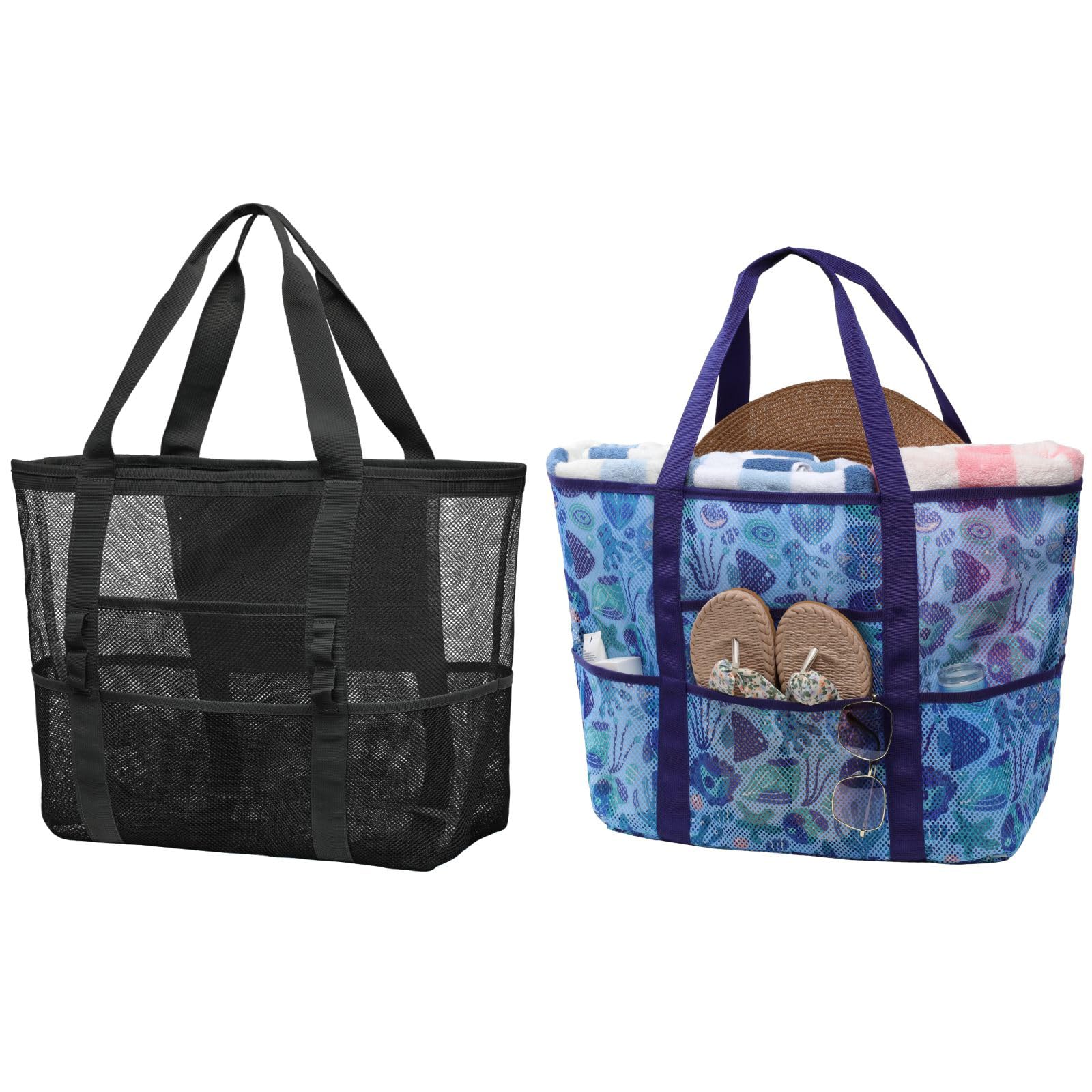 F-color Mesh Beach Bag Family - 9 Pockets Large Beach Tote for Cruise Vacation Essentials