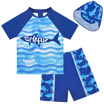 Boys Two Piece Rash Guard Swimsuits Kids Short Sleeve Swimwear Sets Bathing Suit with Sun Hat for 2-6 Years