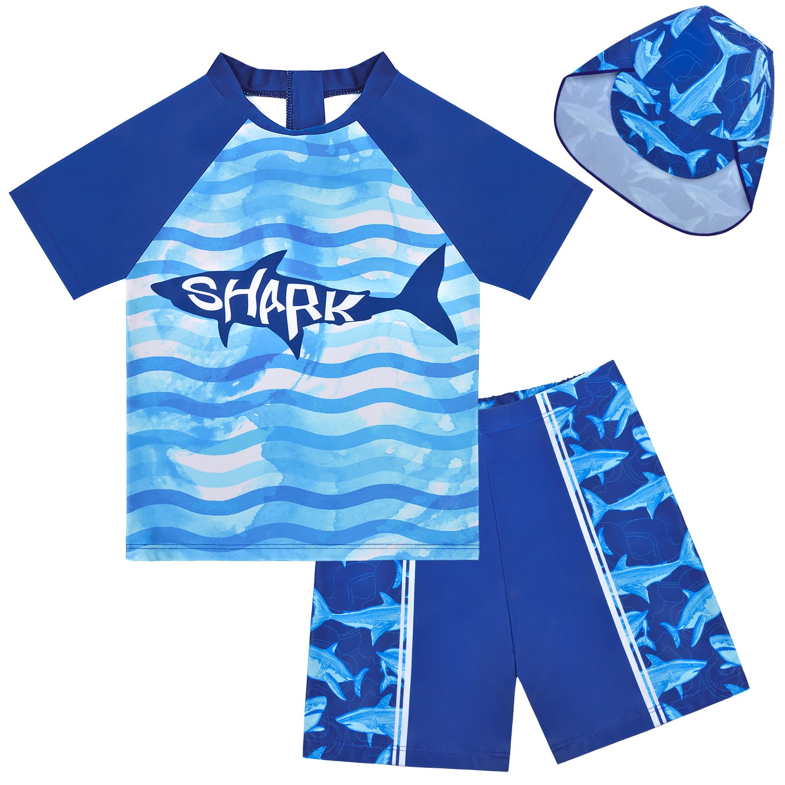 Boys Two Piece Rash Guard Swimsuits Kids Short Sleeve Swimwear Sets Bathing Suit with Sun Hat for 2-6 Years