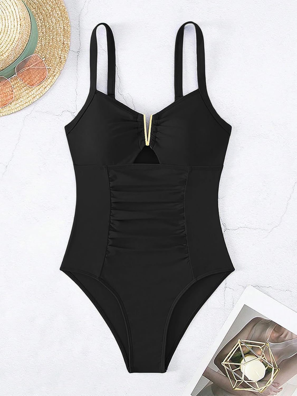 Limeeke Women's Tummy Control One Piece Swimsuit Sexy V-Wire Cut Out Bathing Suit Ruched Slimming Swimwear