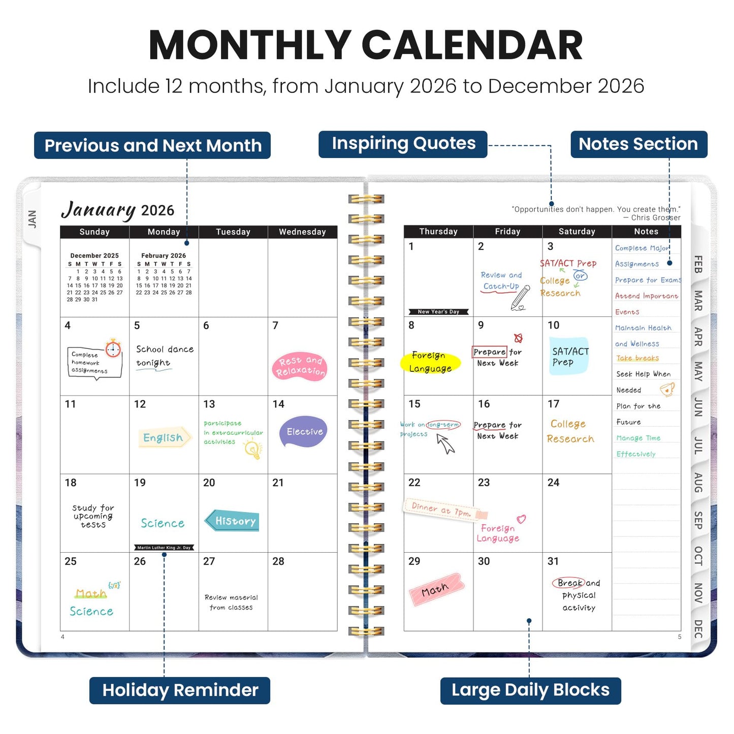 Hardcover 2026 Planner, Weekly and Monthly Calendar, Jan - Dec 2026 Planner Book with Tabs for Women, Inner Pocket, Spiral Bound, Perfect for Office/Home/School Supplies, Petals, A5, 6.3" x 8.5"