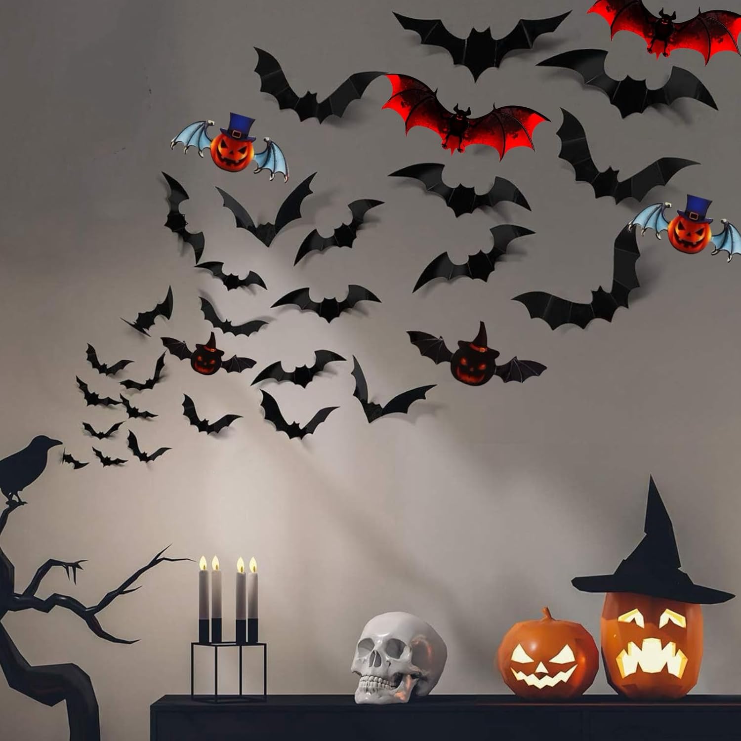 93PCS Halloween Bats Decoration, 7 Different Sizes 3D Bats Wall Decor Reusable PVC Black and Red Scary Bat Sticker for Halloween Party Supplies Creepy Home Bathroom Decor