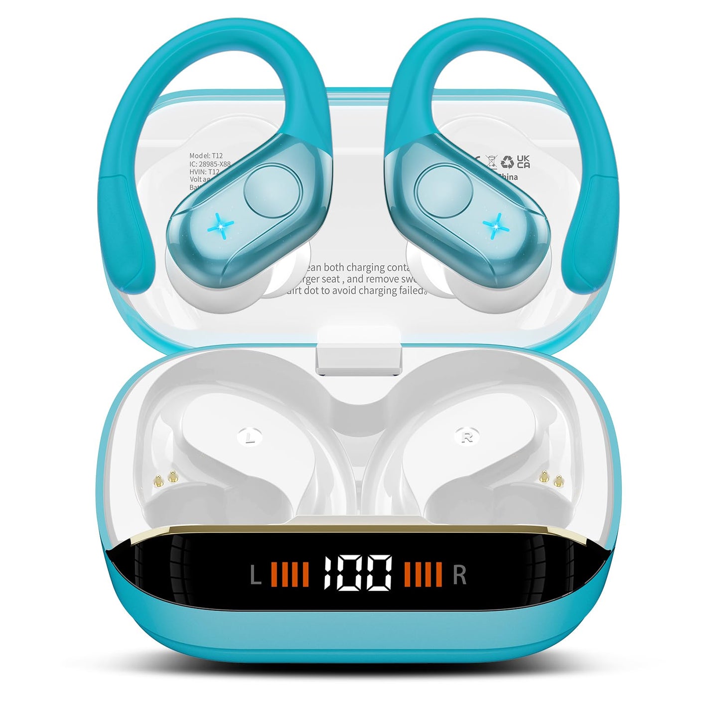 Wireless Earbuds Bluetooth 5.4 Headphones 75H Stereo Deep Bass Sports Over Ear Buds with Earhooks, LED Display Bluetooth Earbuds with 4 ENC Mic, IP7 Waterproof Earphone for Running, Black