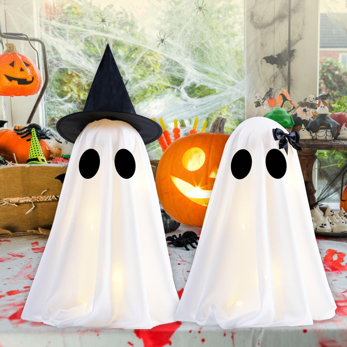 [Timer] Light Up Halloween Ghost Decorations, Set of 2 DIY Spooky Ghosts Crafts, Scary Ghost for Halloween Decor Indoor Home Mantel Shelf & Tabletop Decor