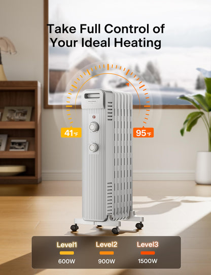 Pelonis Oil Filled Radiator Heater for Large Space, 2025 Upgraded, Space Heaters with 1500W Quiet Warmth Radiant Heater, 3 Heating Modes, Overheat & Tip-Over Protection, Adjustable Thermostat, Black
