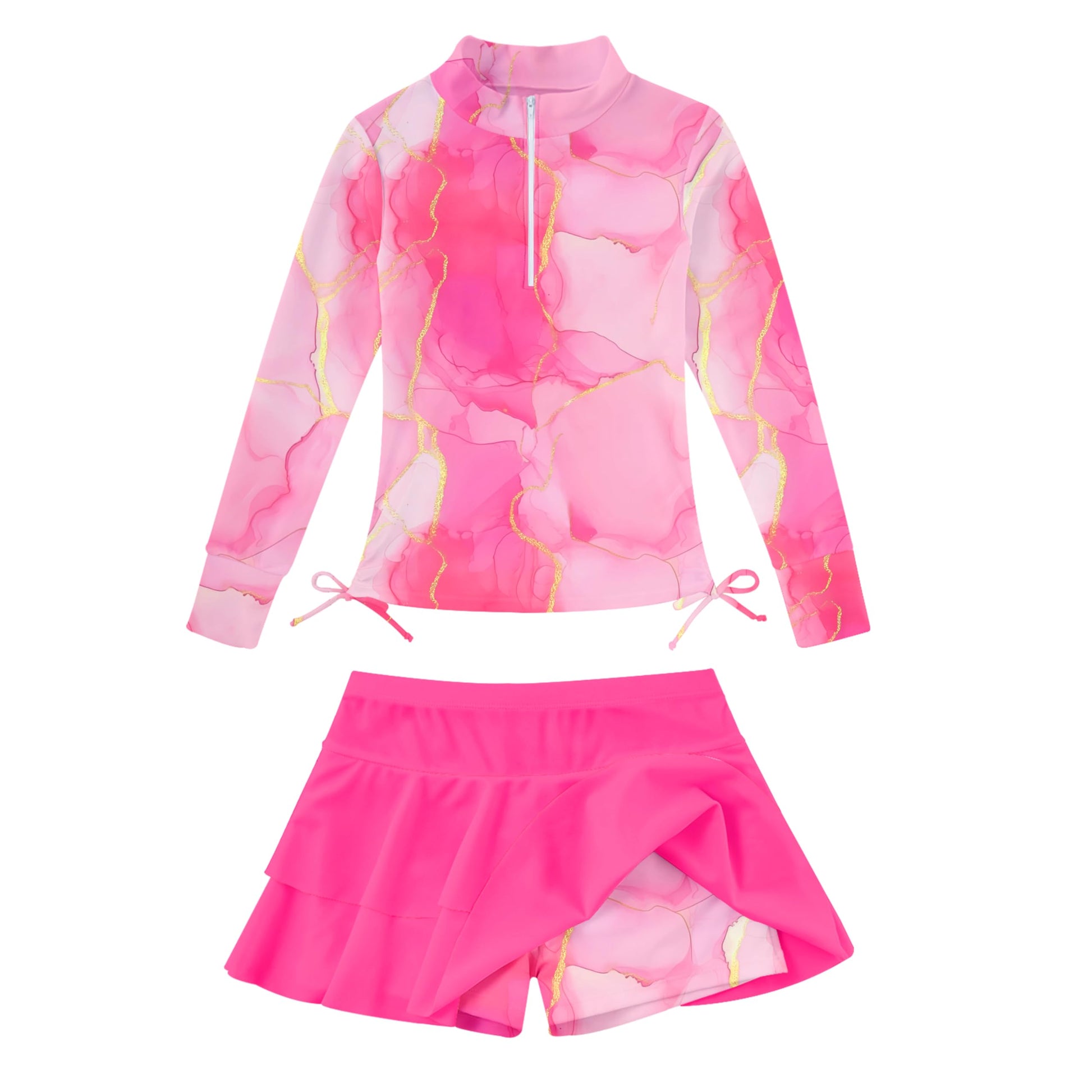 Vogseek 3-12T Girls Rash Guard 2 Pieces Bathing Suit Long Sleeve Swimsuit Swimming Skirt with Shorts Swimwear