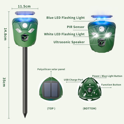 Solar Ultrasonic Animal Repeller Outdoor, 360° All Round Cat Deterrent Outdoor with 6 Flashing Lights and 3 PIR Sensors, Deer Repellent for Repelling Snakes, Raccoons, Cats, Dogs, Rabbits
