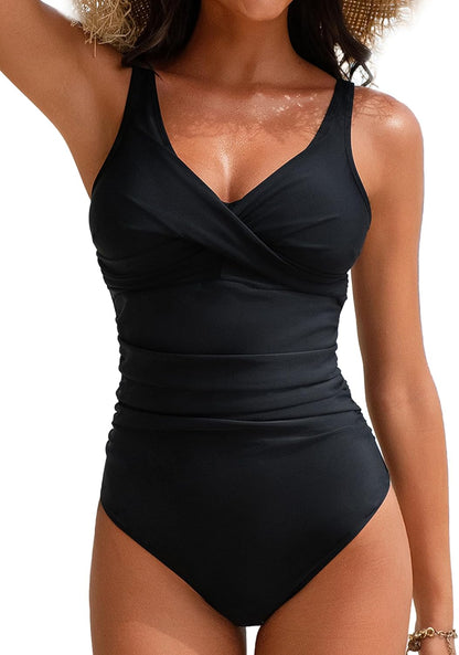 Women's One Piece Swimsuits Tummy Control Bathing Suits for Womens V Neck Criss Cross Ruched Push Up Slimming Swimwear
