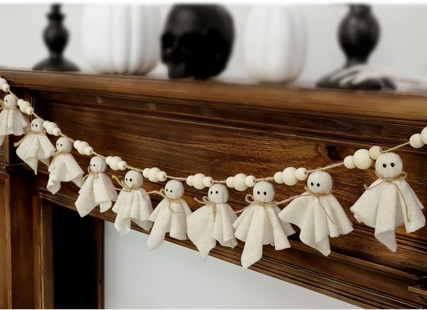 7Ft Cute Halloween Ghost with Wooden Beads Garlands, Handmade Rustic Halloween Banner for Wall Home Indoor Outdoor Spring Decor Supplies, White
