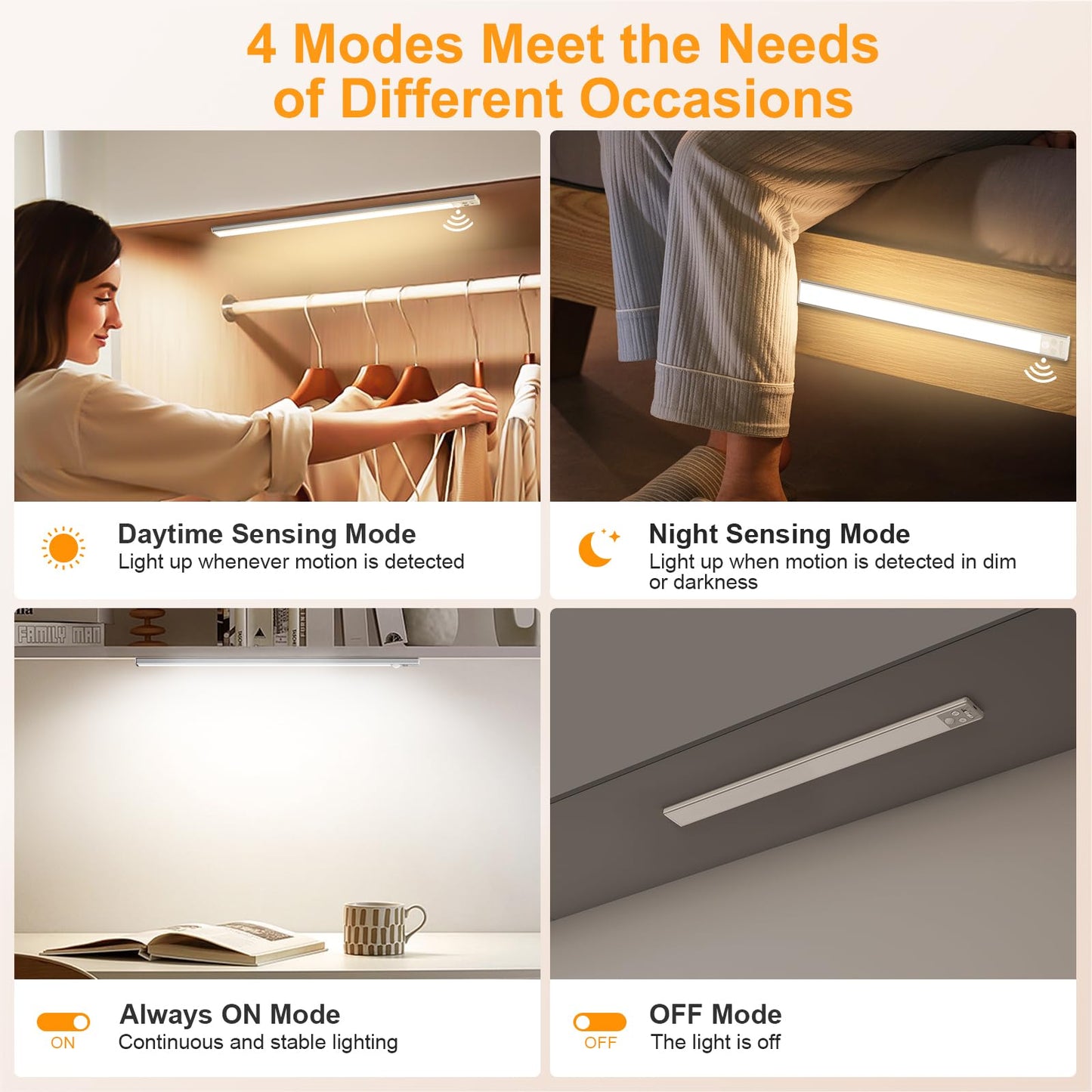 Gritin 10.2inch Under Cabinet Lighting Rechargeable -84 LED Super Bright,3-Color& 5 Level Brightness,4 Modes,Motion Sensor,Long Lasting- Easy Installation Magnetic Under Cabinet Closet Lights -2 Pack