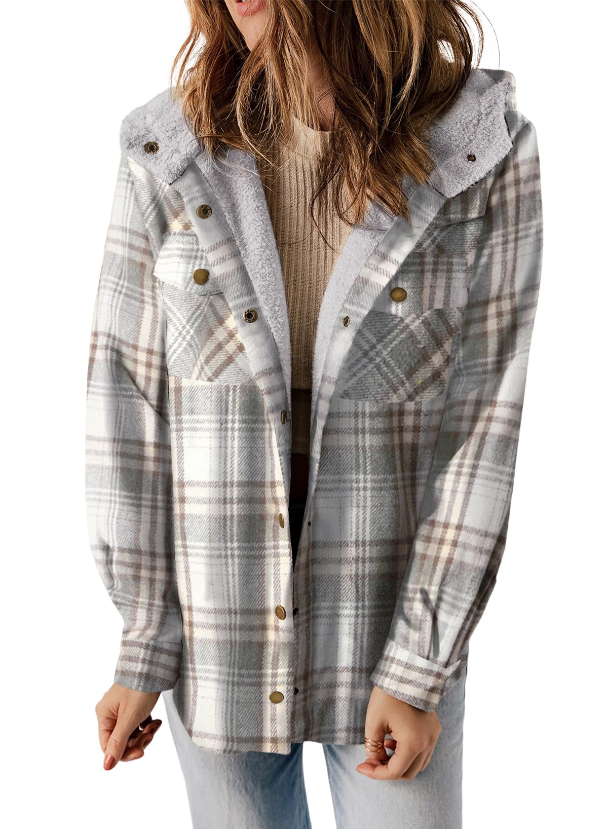 Dokotoo Womens Plaid Shacket Jacket Long Sleeve Button Down Fleece Hooded Jackets Warm Coat