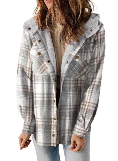 Dokotoo Womens Plaid Shacket Jacket Long Sleeve Button Down Fleece Hooded Jackets Warm Coat
