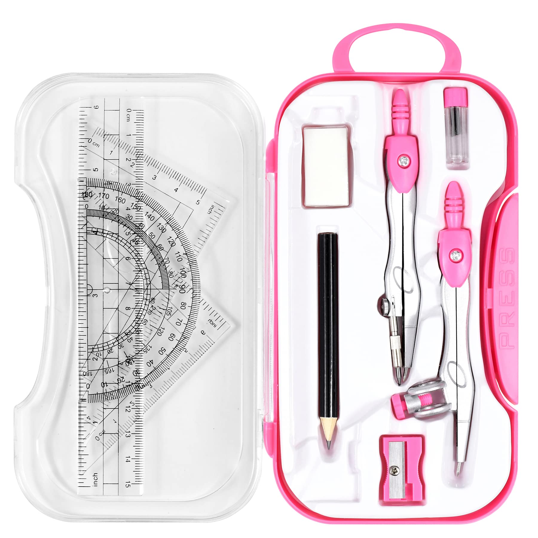 Math Geometry Kit Sets 10 Piece Student Supplies with Shatterproof Storage Box,Includes Rulers,Protractor,Compass,Eraser,Pencil Sharpener,Lead Refills,Pencil,for Drafting and Drawings（Green）
