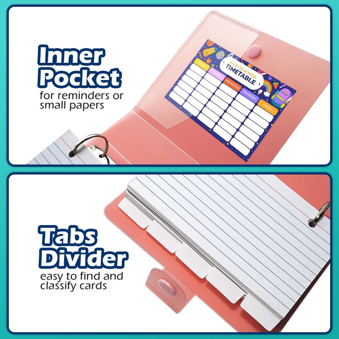 3x5 Lined Index Cards with Ring Binder Holder and Dividers, 100 Ruled Cards, Black