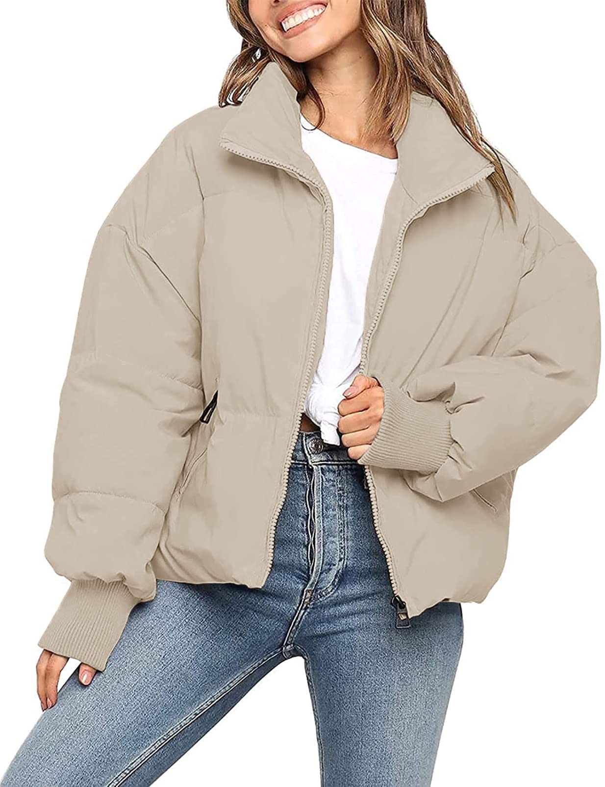 MEROKEETY Women's 2025 Winter Long Sleeve Zip Puffer Jacket Pockets Baggy Short Coats