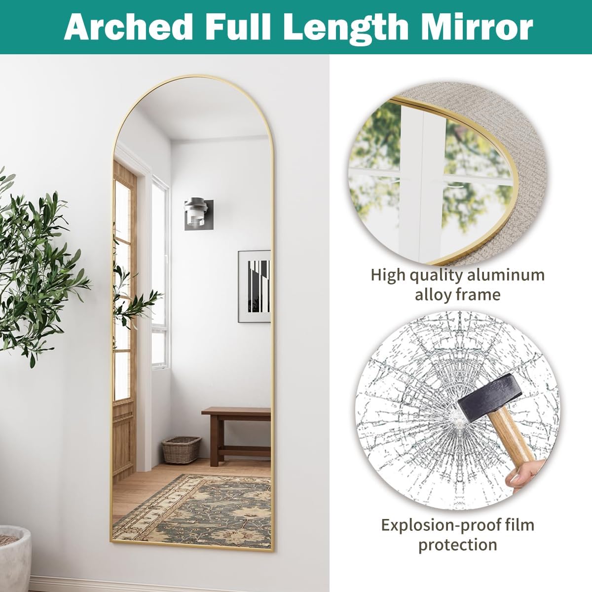 TinyTimes 64''x21'' Arched Full Length Mirror with Stand, Full Body Mirror, Mirrors Full Length Floor Freestanding, Wall Mounted Mirrors for Bedroom Living Room Cloakroom (Gold)