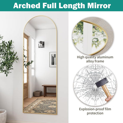 TinyTimes 64''x21'' Arched Full Length Mirror with Stand, Full Body Mirror, Mirrors Full Length Floor Freestanding, Wall Mounted Mirrors for Bedroom Living Room Cloakroom (Gold)
