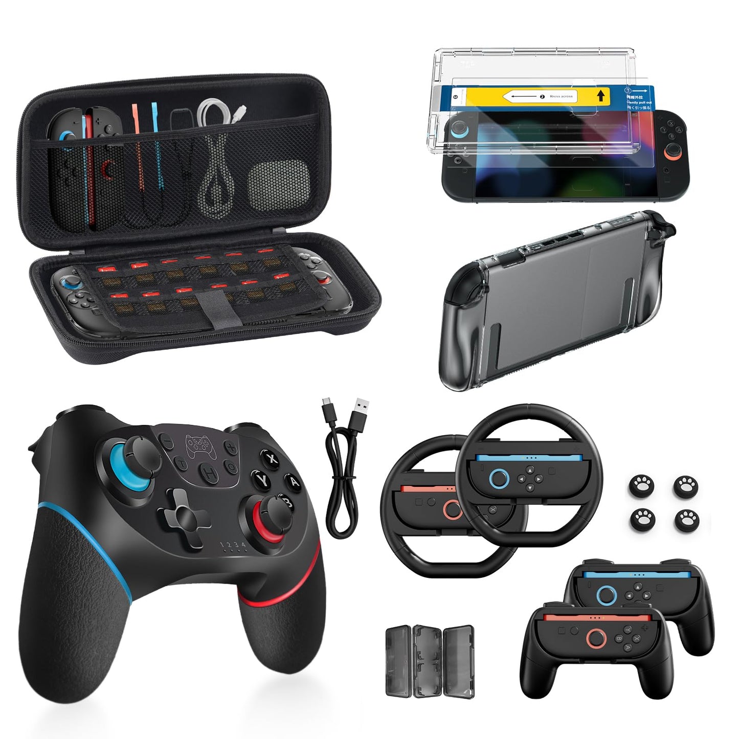 Switch 2 Pro Controllers Accessories Bundle for Nintendo 17-in-1: Carrying Case, Screen Protector, Thumb Grip for Joycon, Dockable Console Protective Cover Shell, Steering Wheel, 2025 Switch2 Game Kit