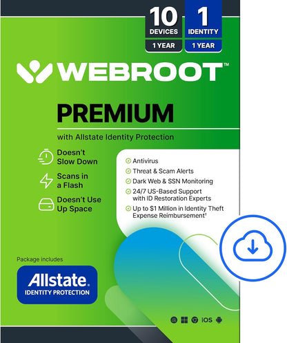 Webroot Internet Security Complete Antivirus Software 2026 10 Device 1 Year Download for PC/Mac/Chromebook/Android/IOS + Password Manager, Performance Optimizer
