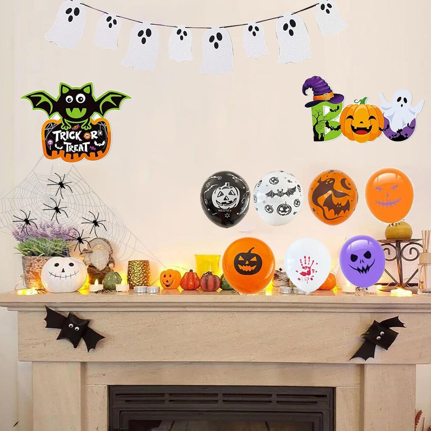100+ Piece Halloween Decorations Set - All-in-One Kit Halloween Decor with Banner, Hanging Bats, Spider Web Decoration, Balloons, Photo Props & More! Fun for Kids & Family