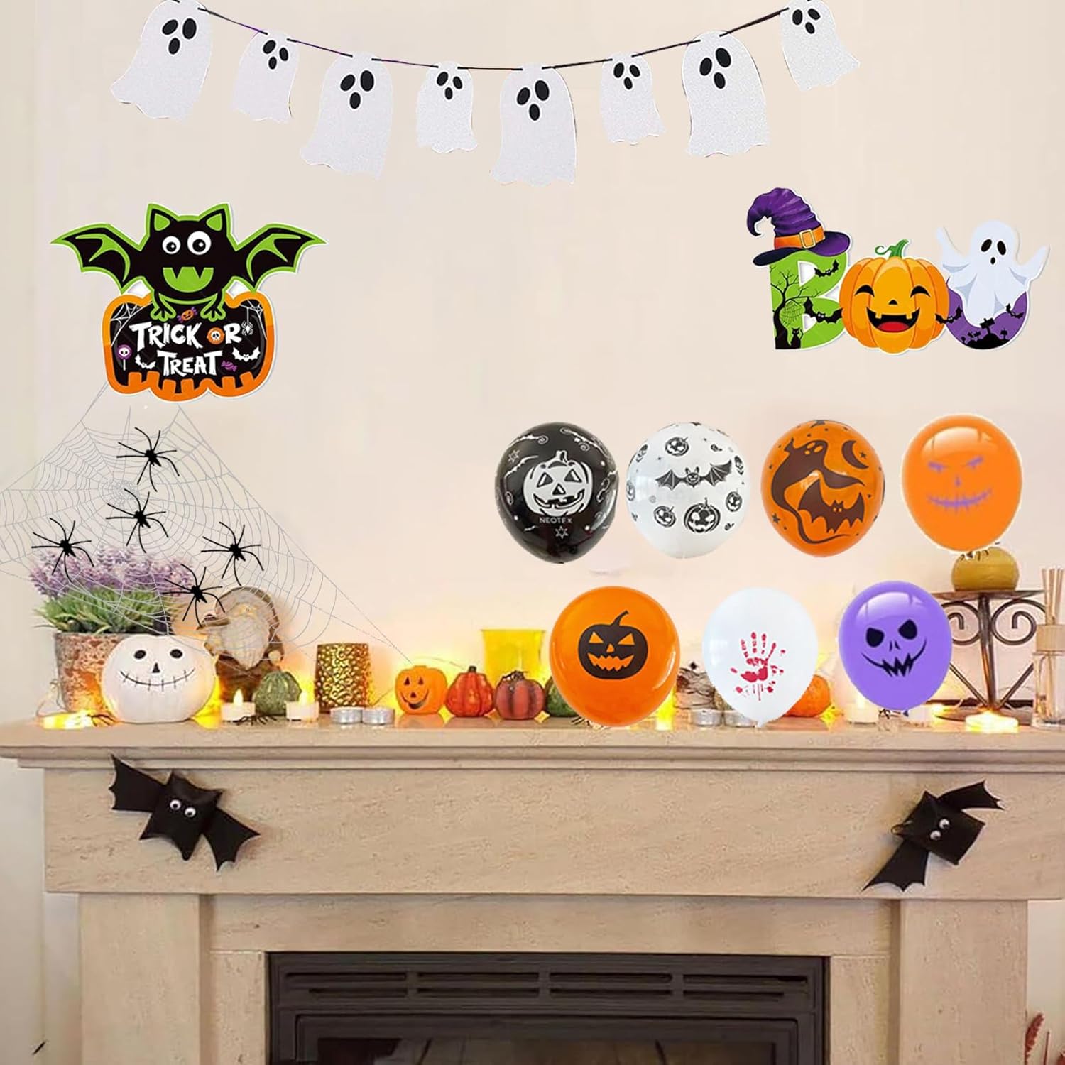 100+ Piece Halloween Decorations Set - All-in-One Kit Halloween Decor with Banner, Hanging Bats, Spider Web Decoration, Balloons, Photo Props & More! Fun for Kids & Family