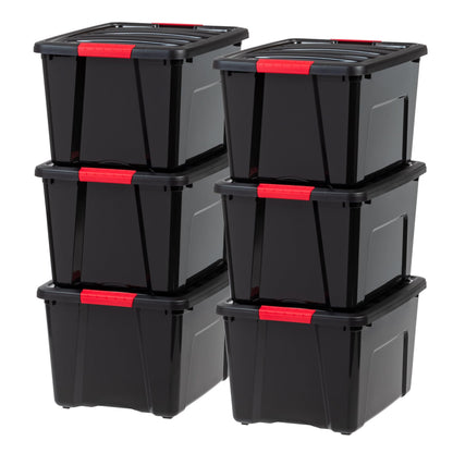 IRIS USA 13 Qt Stackable Plastic Storage Bins with Lids, 6 Pack - BPA-Free, Made in USA - Discreet Organizing Solution, Latches, Durable Nestable Containers, Secure Pull Handle - Pearl
