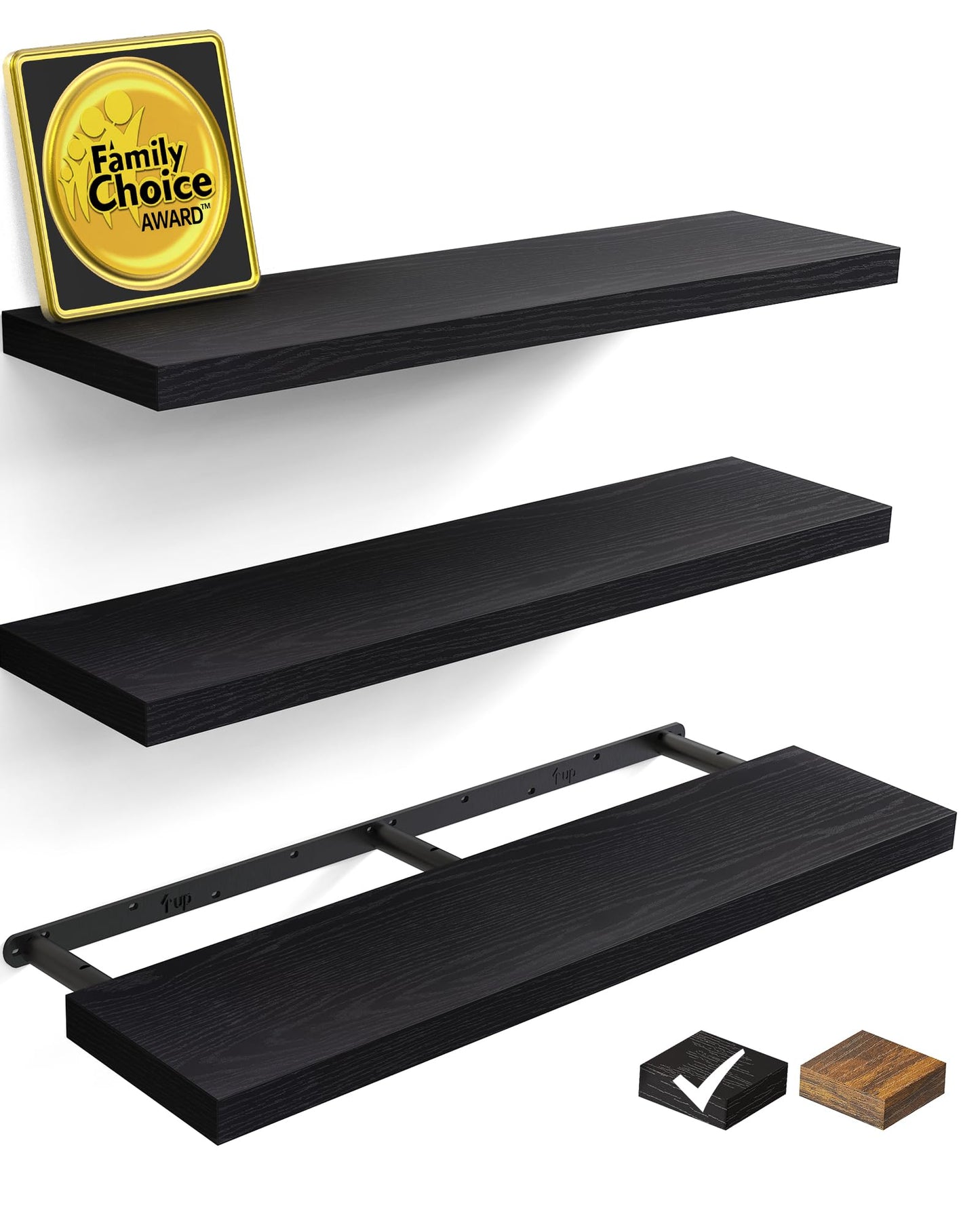 BAYKA Floating Shelves for Wall, Wall Mounted Rustic Wood Shelves for Bathroom, Bedroom, Living Room, Kitchen, Hanging Shelf for Books/Storage/Room Decor with 22lbs Capacity (Black, Set of 3, 15.7in)