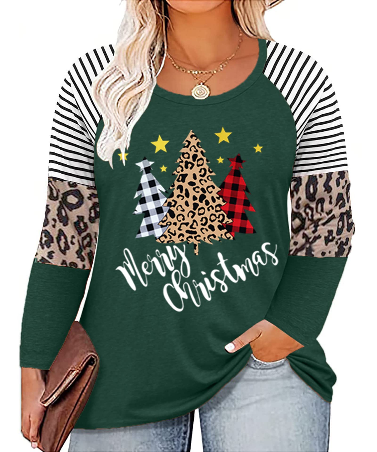 Plus Size Christmas T Shirt Women Xmas Leopard Plaid Trees Print Tees Casual Long Sleeve Holiday Shirts Top