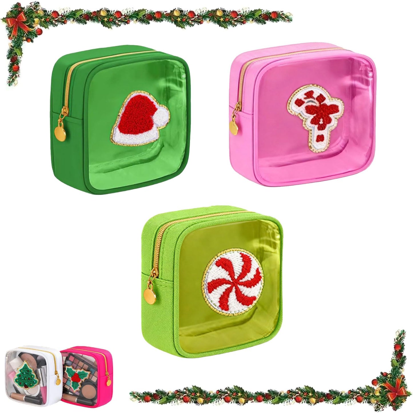 Christmas Makeup Bag, Christmas Preppy Patch Makeup Bags, Mini Zippered Pouch, Skincare Pouch Xmas Zipper Cosmetic Pouchs Preppy Thing for Travel Christma Women Gift (set c)