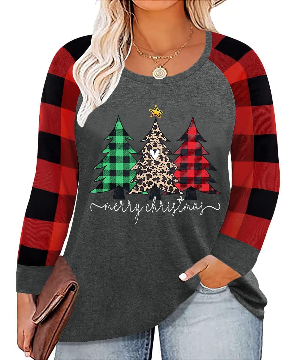 Plus Size Christmas T Shirt Women Xmas Leopard Plaid Trees Print Tees Casual Long Sleeve Holiday Shirts Top