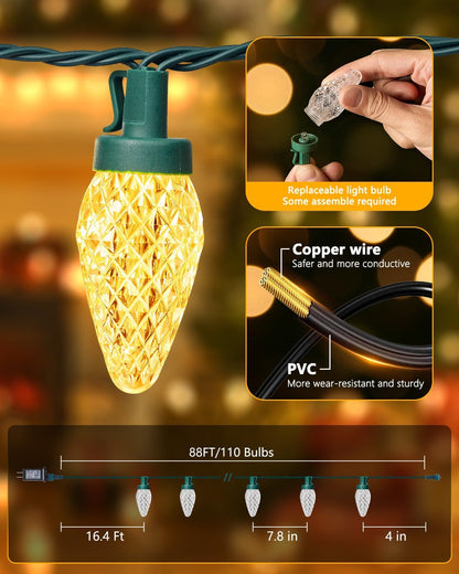C9-Christmas-Lights-Outdoor,85FT 110LED String Lights with 8 Lighting Mode,Waterproof Connectable UL Certified Warm White C9-Led-Christmas-Light-Decorations for House Yard Patio Roof Garden Decor