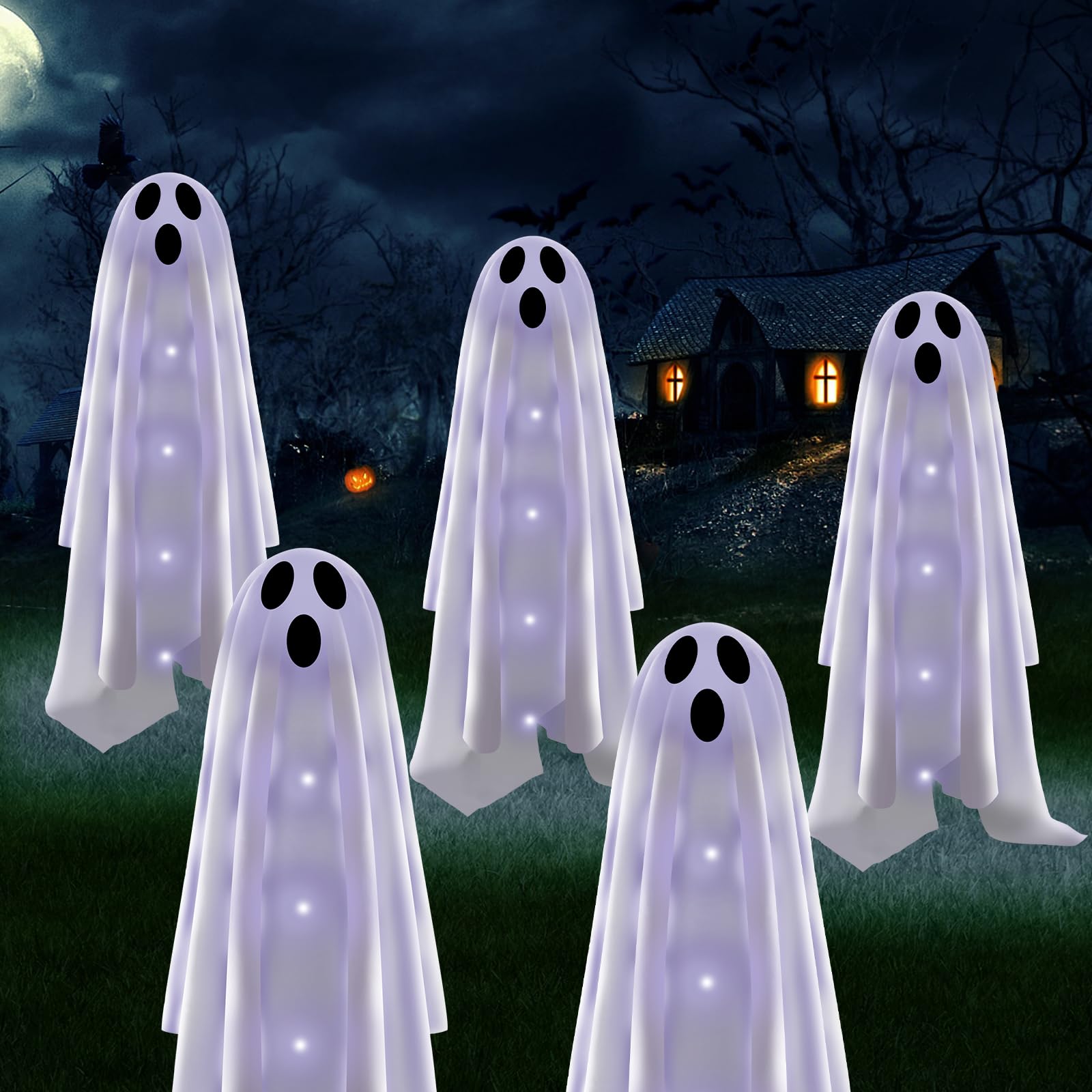 6PACKS Halloween Decorations Outdoor Solar Ghost Lights,Scary Ghost Decor with Spooky Party Gifts,Solar Halloween Path Lights for Front Porch/Yard/Garden/Home/Ghost Party Decor Warm White