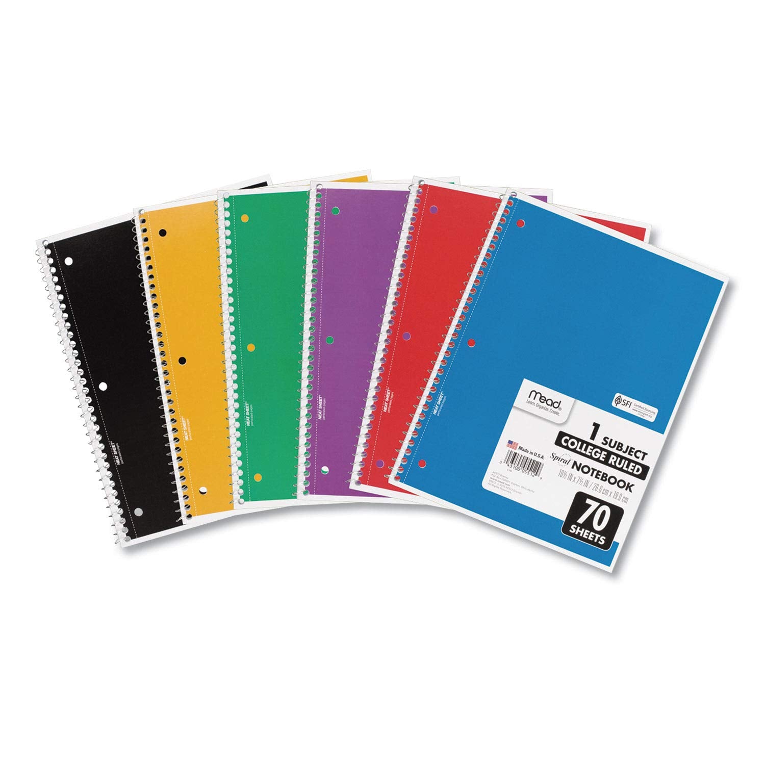 Mead Spiral Notebooks, 12 Pack, 1 Subject, College Ruled Paper, 7-1/2" x 10-1/2", 70 Sheets per Notebook, Color Will Vary (73703)