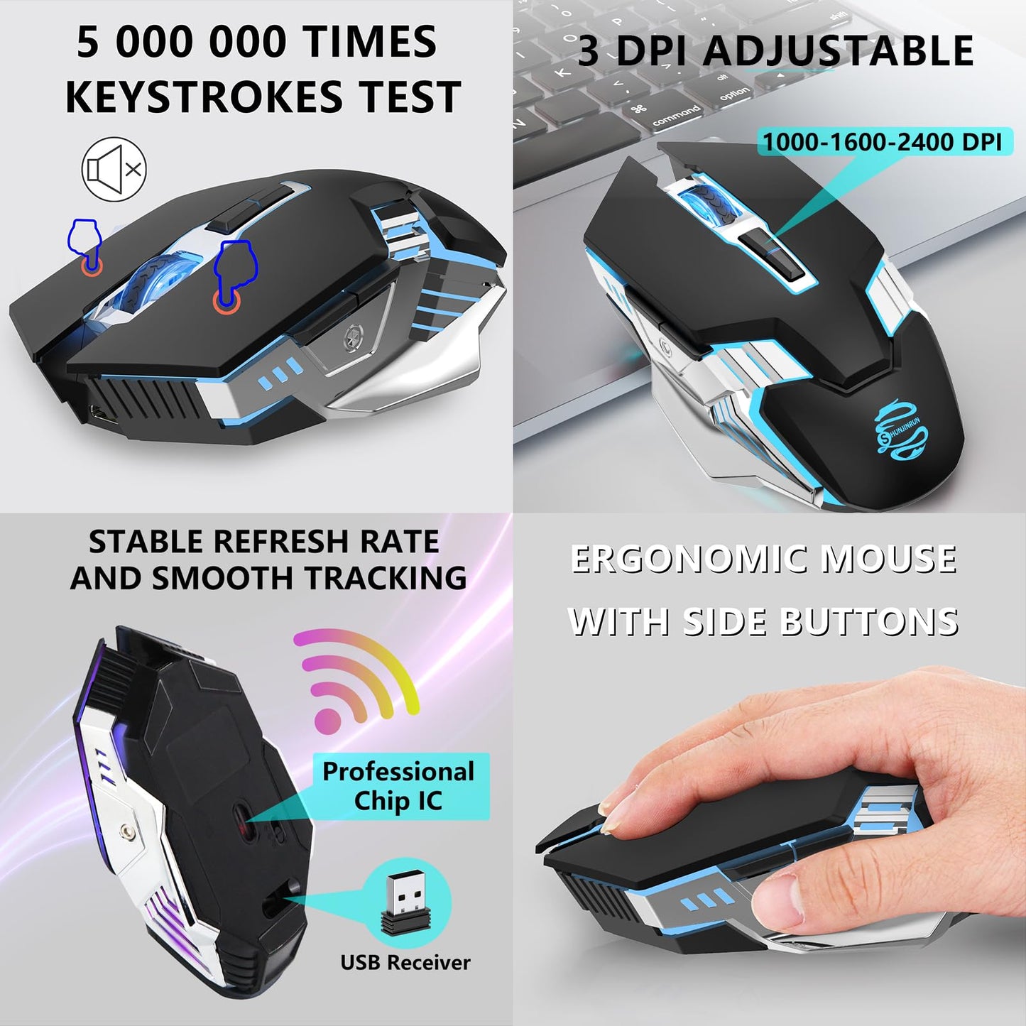 Bluetooth Gaming Mouse, RGB Rechargeable USB Wireless Mouse, Quiet Click, LED Backlit, Ergonomic, with Side Button, 6 Button, DPI Adjustable, Computer Mice for Laptop PC MacBook Chromebook - Grey